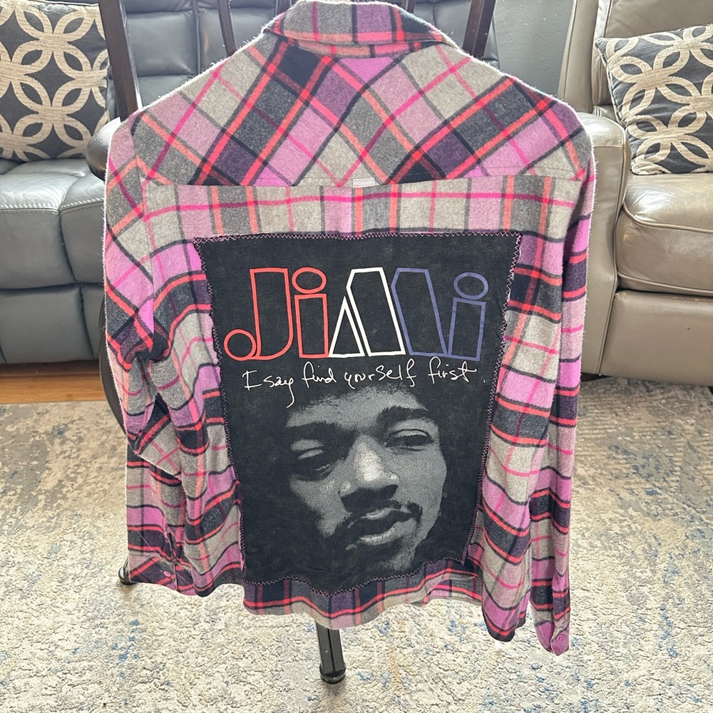 Upcycled Plaid Jimi Hendrix Button-Up Flannel Shirt